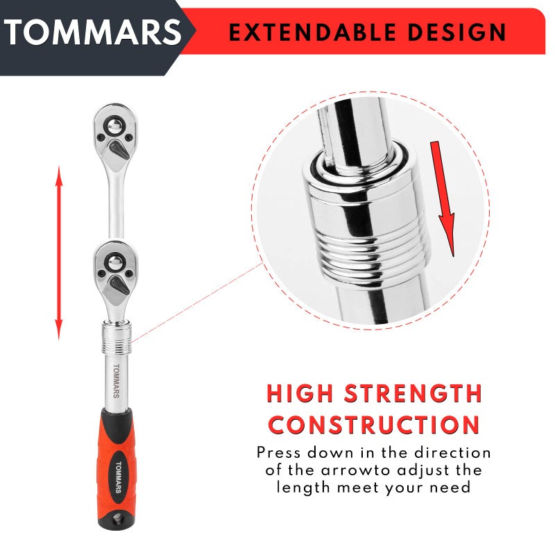 TOMMARS Extendable Ratchet Wrench Set, 1/4" 3/8" 1/2" Drive 72-Tooth Quick-release Retractable Socket Wrench Reversible Gift for Men Mechanic Hand Tools - Image 4