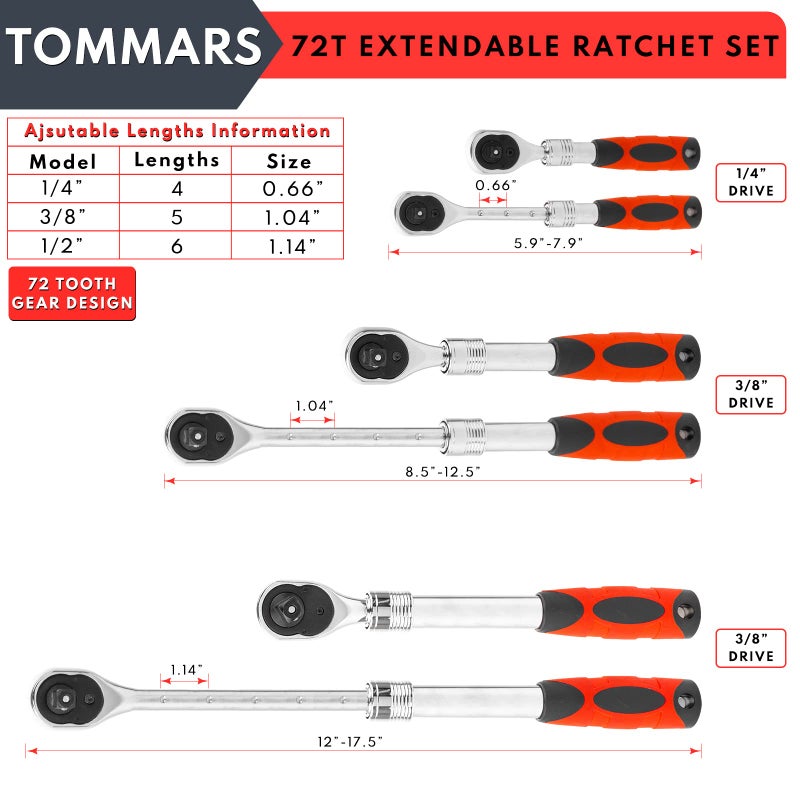 TOMMARS Extendable Ratchet Wrench Set, 1/4" 3/8" 1/2" Drive 72-Tooth Quick-release Retractable Socket Wrench Reversible Gift for Men Mechanic Hand Tools - Image 3