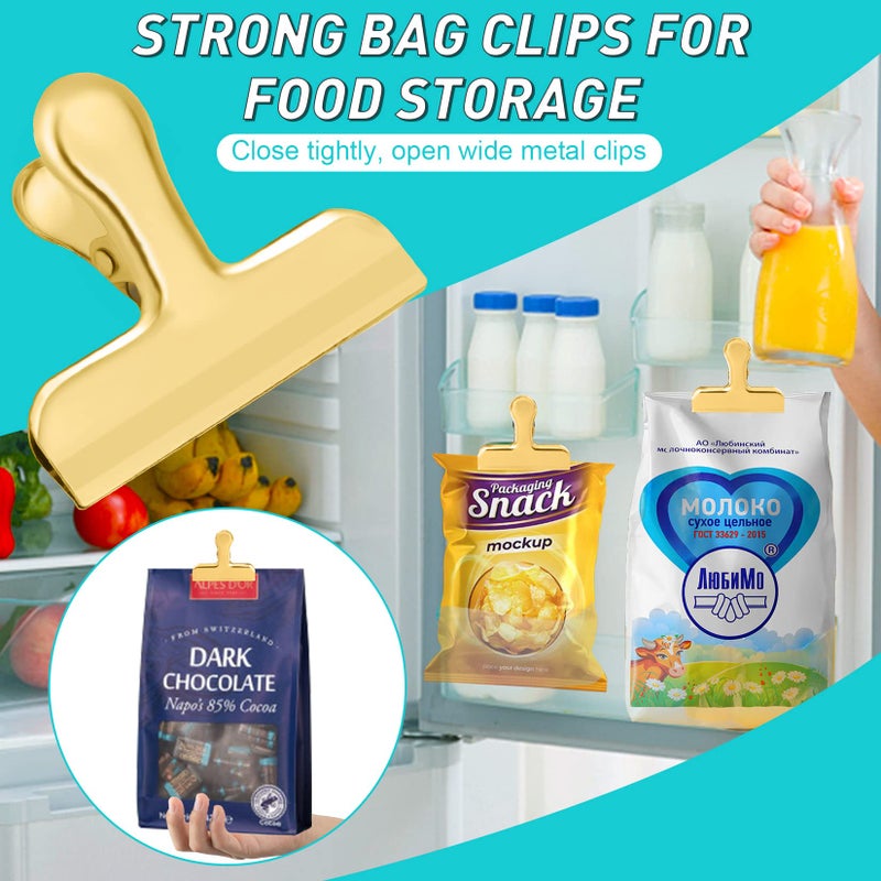 Funfery 8 Pack 3 Inch Stainless Steel Gold Chip Clips Bag Clips Large Clips for Food Packages,Food Clip Kitchen Clips for Snack,Home&Office Clips for Paper,Strong Metal Chip Snack Clips Heavy Duty - Image 2