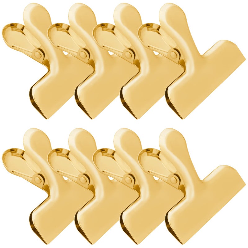 Funfery 8 Pack 3 Inch Stainless Steel Gold Chip Clips Bag Clips Large Clips for Food Packages,Food Clip Kitchen Clips for Snack,Home&Office Clips for Paper,Strong Metal Chip Snack Clips Heavy Duty - Image 1