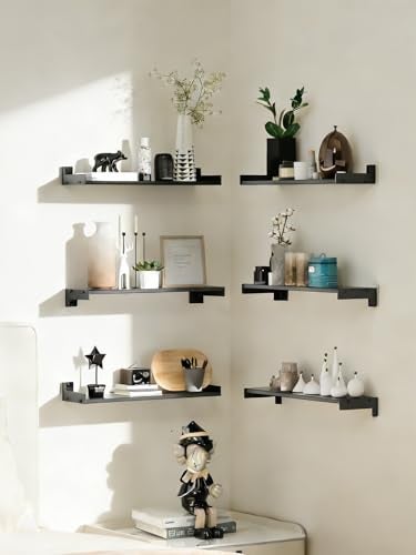 FNBAR Floating Shelves for Wall Shelves for Decor Storage Set of 6 Wall Mounted Wood Shelf for Bedroom Living Room Bathroom KitchenLong Picture Ledge ShelvesBlack - Image 3