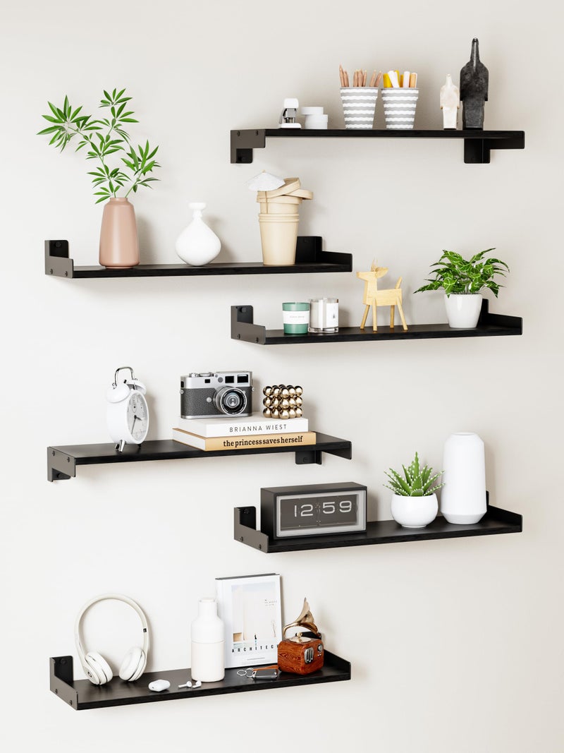 FNBAR Floating Shelves for Wall Shelves for Decor Storage Set of 6 Wall Mounted Wood Shelf for Bedroom Living Room Bathroom KitchenLong Picture Ledge ShelvesBlack - Image 2
