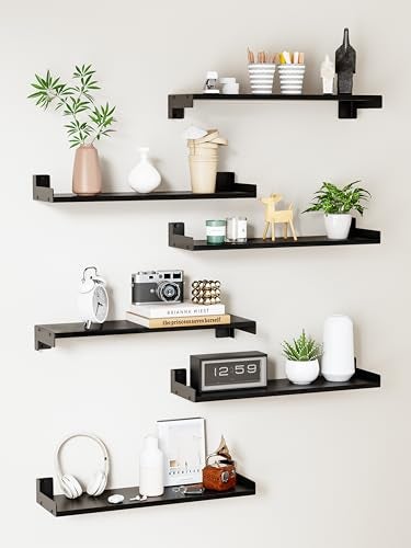 FNBAR Floating Shelves for Wall Shelves for Decor Storage Set of 6 Wall Mounted Wood Shelf for Bedroom Living Room Bathroom KitchenLong Picture Ledge ShelvesBlack - Image 1