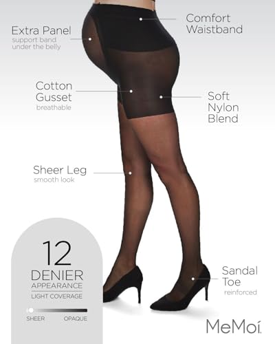 MeMoi Maternity Sheer Pantyhose for Women, Extra Large Waist Pregnancy Shapewear, 12 Denier - Sizes Small to Q2, Black, Small/Medium - Image 3