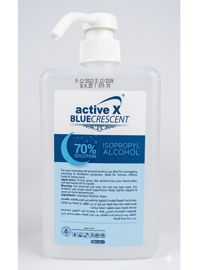 active X BLUECRESCENT Isopropyl Alcohol 70% Solution - 1000ml Pump Spray | Multi-Purpose Disinfectant & Sanitizer for Home & Office