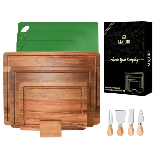 MAJURI Acacia wood Cutting Board – 11 PCS set, Extra large wood cutting boards with holder, Deep Juice Grooves, Halloween Charcuterie Board, Cutting boards non toxic for kitchen, Ideal Gift for Birthday - Image 1