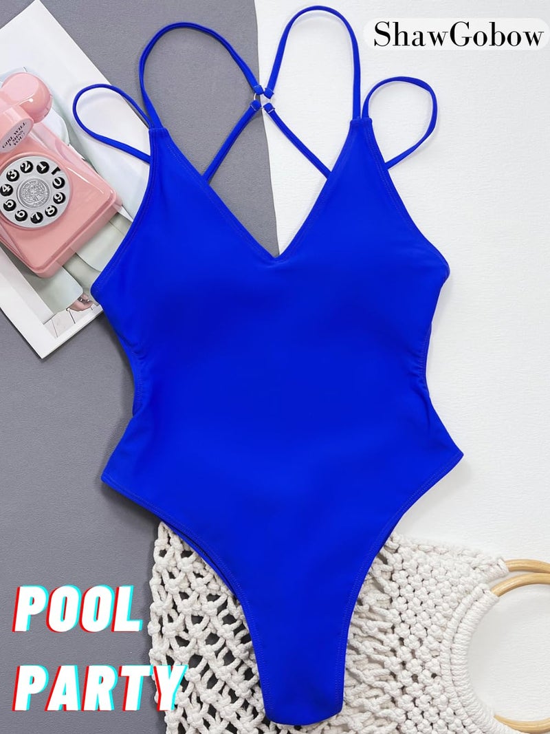 ShawGobow Sexy Swimsuit for Women,Backless Scrunch Butt High Cut Monokini,One Piece Cheeky Bathing Suit Beach Pool Party,Blue,Small - Image 2