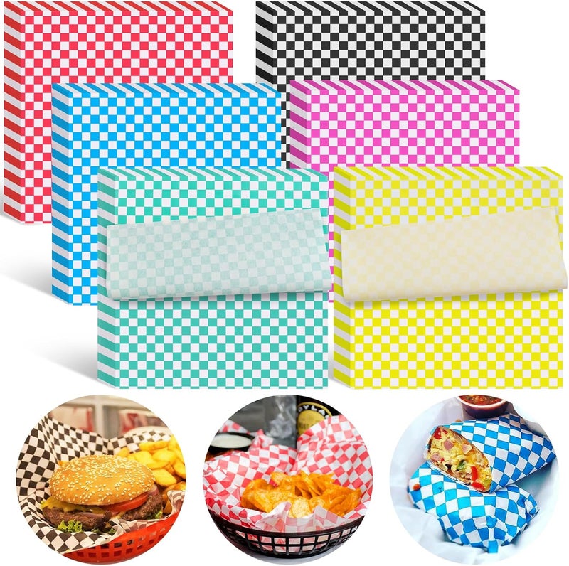 Ninsula Deli Paper Sheets 126P, 11.5x11.5 In Checkered Sandwich Paper Wraps, 6 Colors Basket Liners For Food Serving, Grease Resistant Burger Wrappers for BBQ, Picnic, Party - Image 1