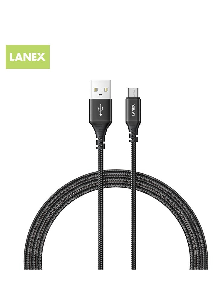 LANEX Lanix LS30M USB-A to Micro Cable 1m Fabric 3A Fast Charging Support Black - Image 1