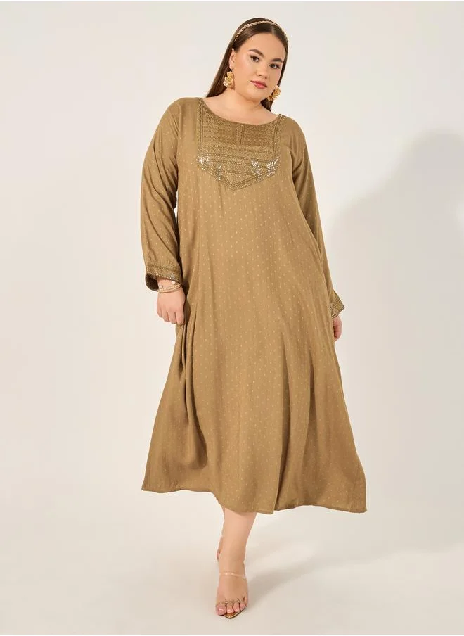 ستايلي Styli Plus Size Embroidered Round Neck A-Line Jalabyia