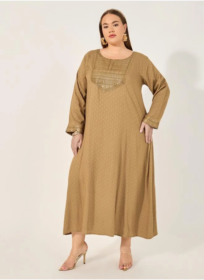 ستايلي Styli Plus Size Embroidered Round Neck A-Line Jalabyia
