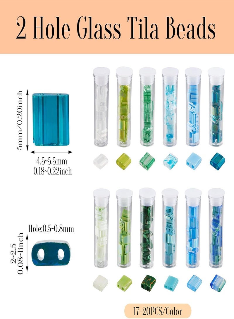 GGOOT Pandahall 240Pcs Square Seed Beads 2-Hole Tila Beads 5mm Green Blue Flat Glass Seed Beads 12 Colors Mini Carrier Connector Beads for Jewelry Earring Making DIY Friendship Bracelets  - Image 5