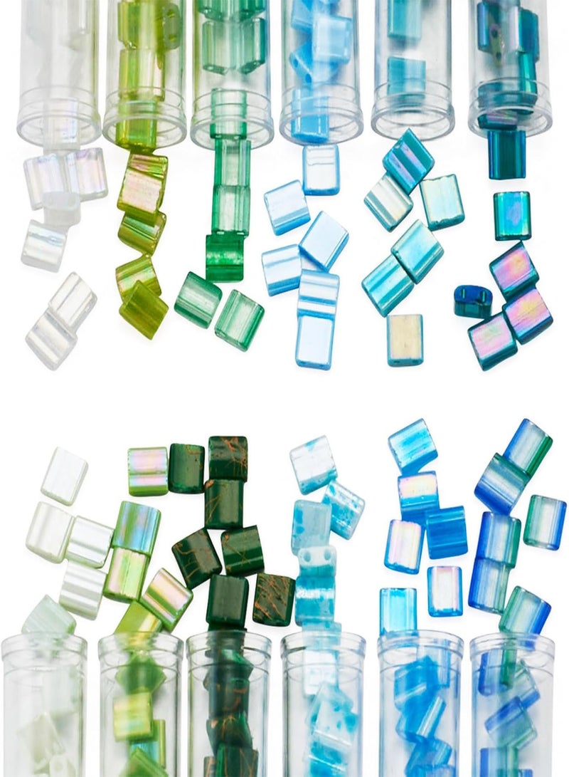 GGOOT Pandahall 240Pcs Square Seed Beads 2-Hole Tila Beads 5mm Green Blue Flat Glass Seed Beads 12 Colors Mini Carrier Connector Beads for Jewelry Earring Making DIY Friendship Bracelets  - Image 1