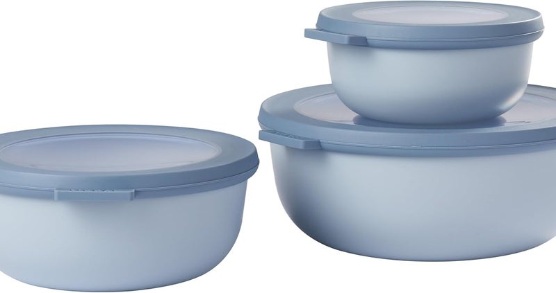 Mepal – Multi bowl Cirqula 3-piece set Nordic blue – 350, 750 and 1250 ml – Food storage containers with lid – Airtight storage box for fridge & freezer, microwave container & serveable dish - Image 1