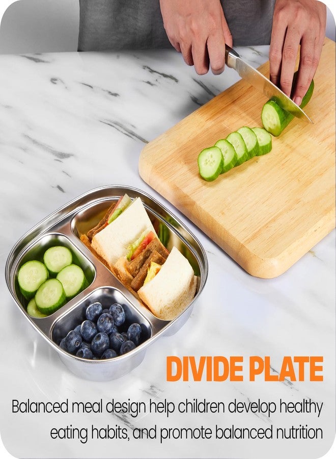 MIMORE Stainless Steel Kids Plates - 5 Pack Toddler Plates with Lids - Non Toxic & Divided (Stainless Steel) - Image 3