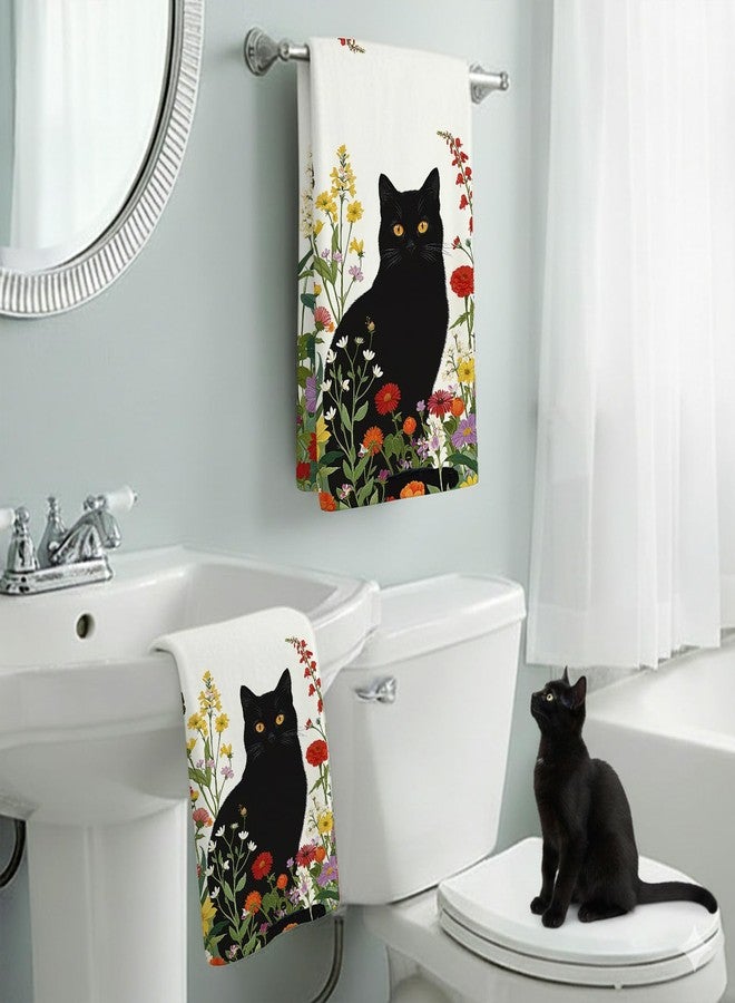 Accnicc 2 Pack Black Cat Bathroom Hand Towels Decorative Spring Floral Dish Kitchen Towel 16x27 Inch Botanical Colorful Wildflowers Butterfly Absorbent Soft Microfiber Bath Towels Hotel Spa Decor - Image 3