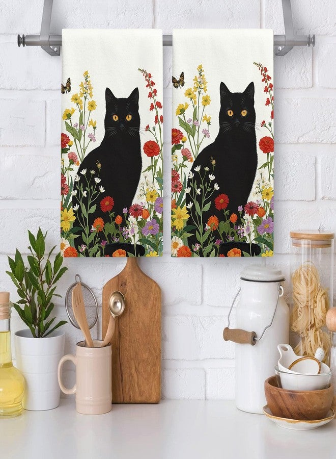 Accnicc 2 Pack Black Cat Bathroom Hand Towels Decorative Spring Floral Dish Kitchen Towel 16x27 Inch Botanical Colorful Wildflowers Butterfly Absorbent Soft Microfiber Bath Towels Hotel Spa Decor - Image 2