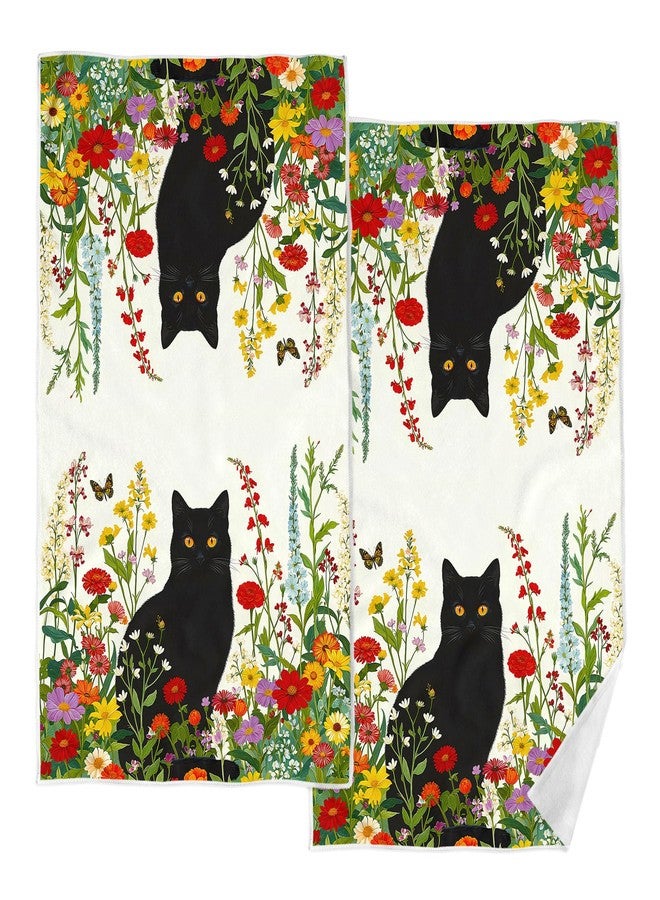 Accnicc 2 Pack Black Cat Bathroom Hand Towels Decorative Spring Floral Dish Kitchen Towel 16x27 Inch Botanical Colorful Wildflowers Butterfly Absorbent Soft Microfiber Bath Towels Hotel Spa Decor - Image 1