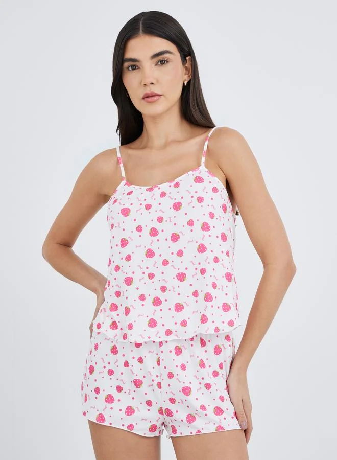 Styli Styli All-Over Print Satin Strappy Top and Shorts Pyjama Set