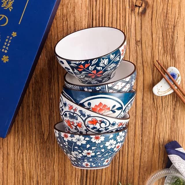 Eletree Flower Pattern Gift Box with Porcelain Japanese Style Ceramic Bowls Set 5 Inch Deep Japanese Bowls Dinnerware Bowls Set for Cereal Soup Dessert SnackFruitBowls for Home Restaurant 10 - Image 3