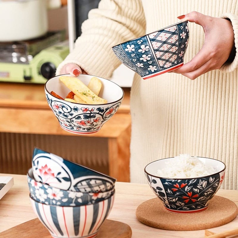 Eletree Flower Pattern Gift Box with Porcelain Japanese Style Ceramic Bowls Set 5 Inch Deep Japanese Bowls Dinnerware Bowls Set for Cereal Soup Dessert SnackFruitBowls for Home Restaurant 10 - Image 4