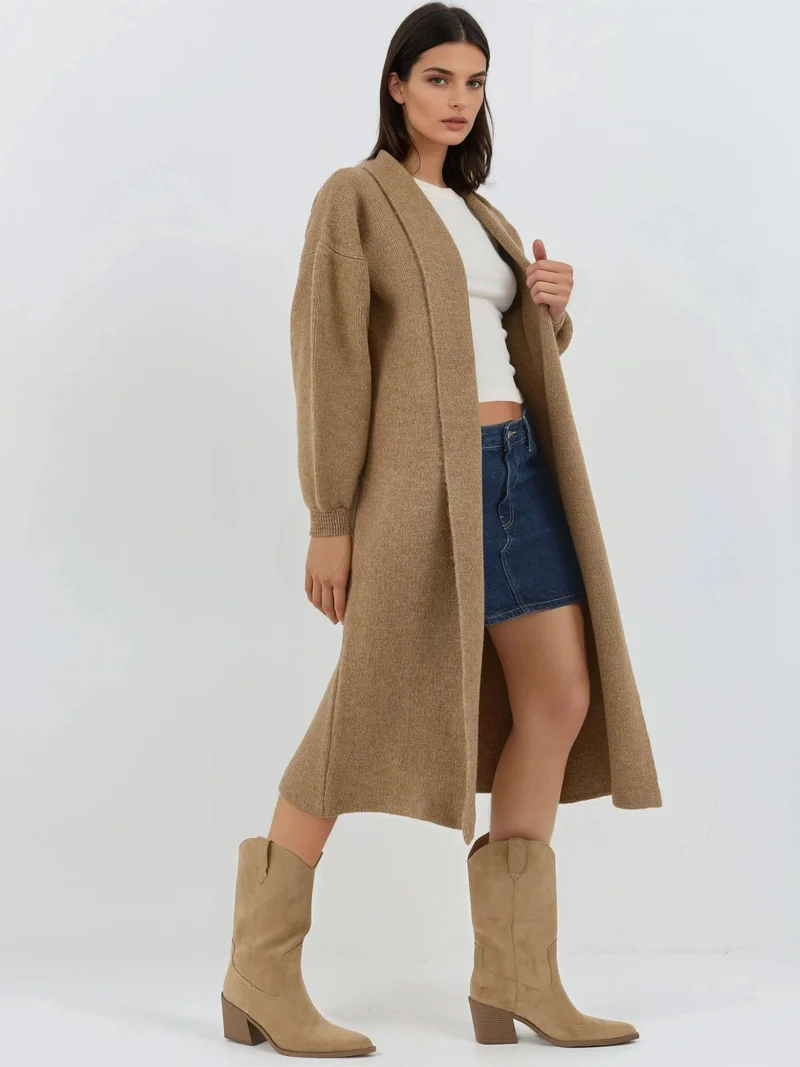 MY FASHION Camel Brown MY FASHION Long Fit Knitwear Cardigan for Women | Best Price UAE