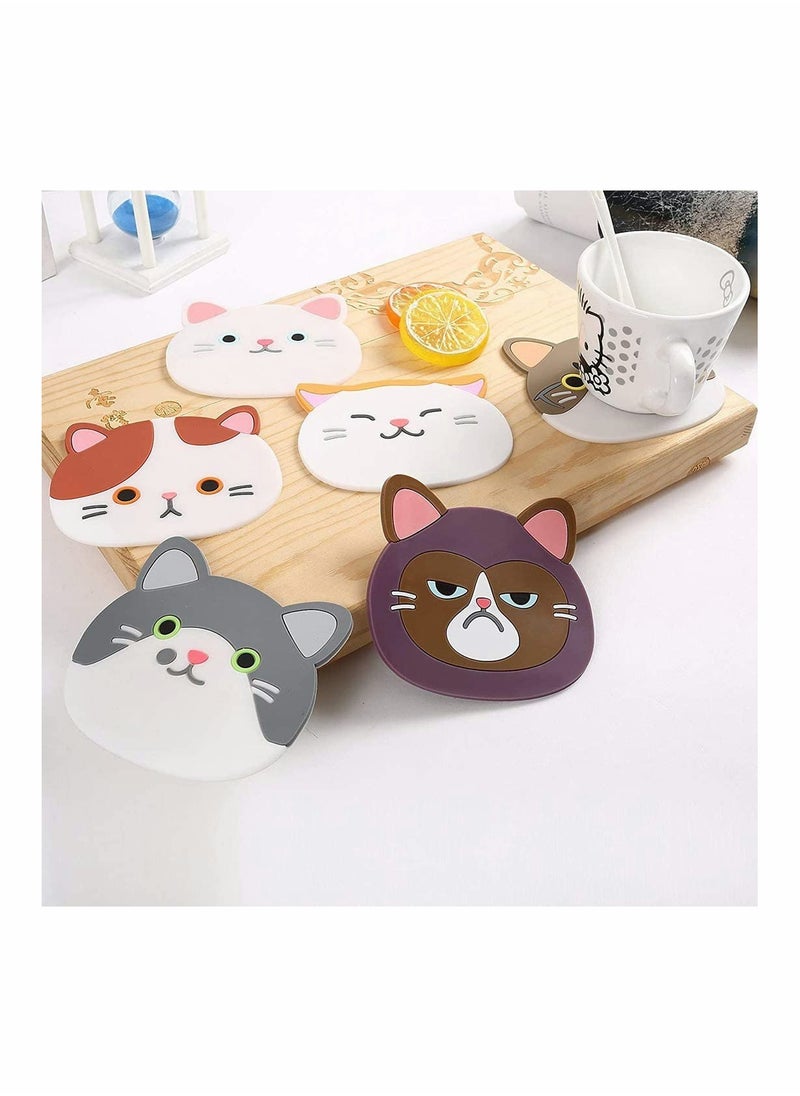SYOSI - Drying Mat Silicone Multi-Use Cartoon Cat Pot Holders Trivet (Set of 6 Pack) Insulated Flexible Durable Non Slip Hot Pads and Coasters Cup Mats Rubber Coaster for Winss, Tea - Image 1