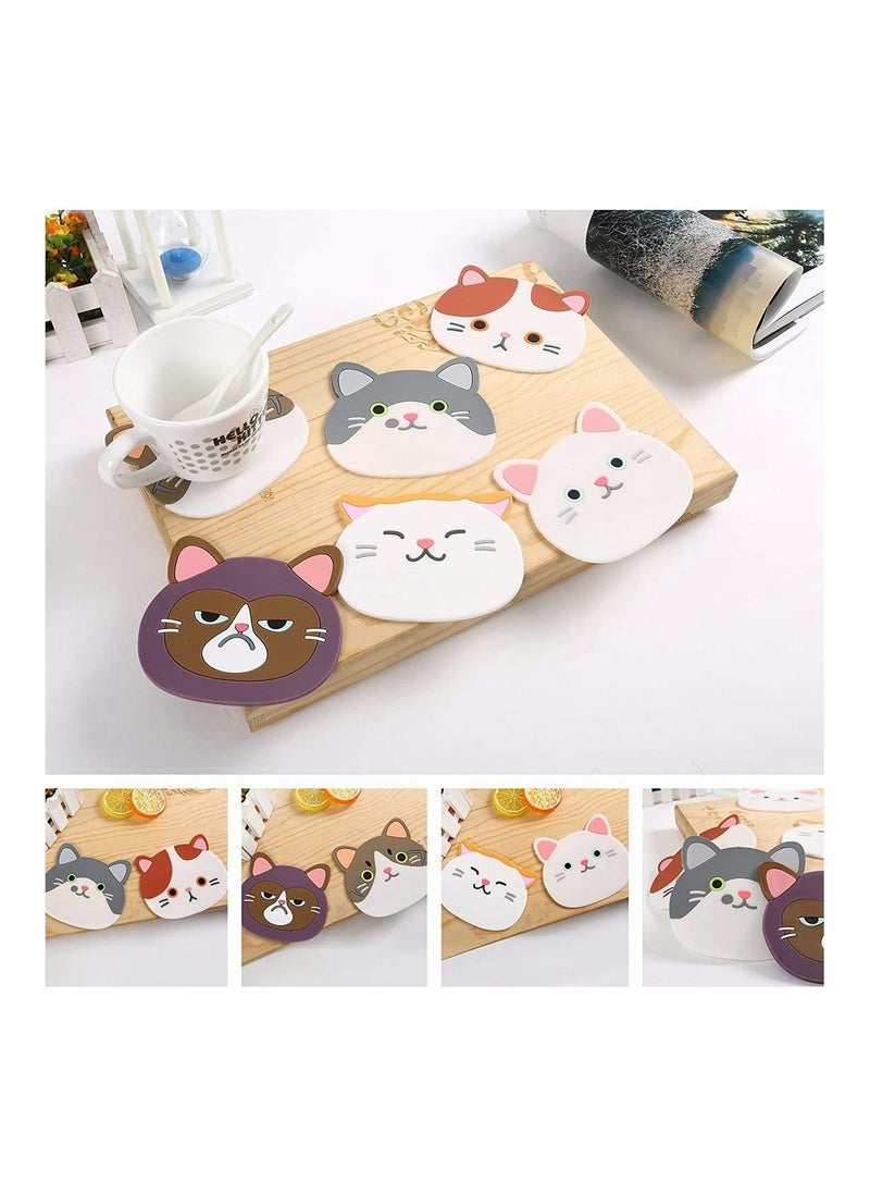 SYOSI - Drying Mat Silicone Multi-Use Cartoon Cat Pot Holders Trivet (Set of 6 Pack) Insulated Flexible Durable Non Slip Hot Pads and Coasters Cup Mats Rubber Coaster for Winss, Tea - Image 1
