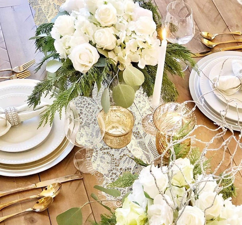 HEIPINIUYE 10 Pcs White Lace Table Runner 14 x 120 Inch Embroidered Boho Table Runner for Wedding Party Bridal Shower Decorations Vintage Rustic Table Runners - Image 5