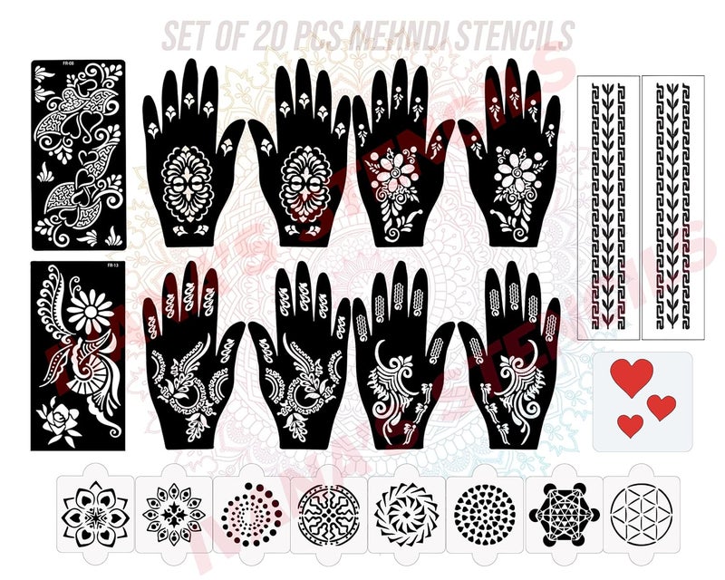 ivana's Ivanas Set of 20 Pcs Combo Pack Reusable Mehandi Design Sticker Stencils for Both Hand  Mehendi Stencils for Hands  Quick and Easy to Use for Girls Women Kids  Teen D2160 - Image 1