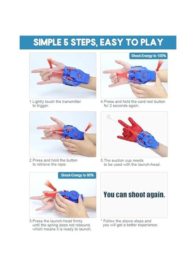 Spider Web Shooters, Web Launcher with Gloves, Realistic Web-Slinging Action Safe and Fun Superhero Toy for Men and Kids - Blue  - Image 2