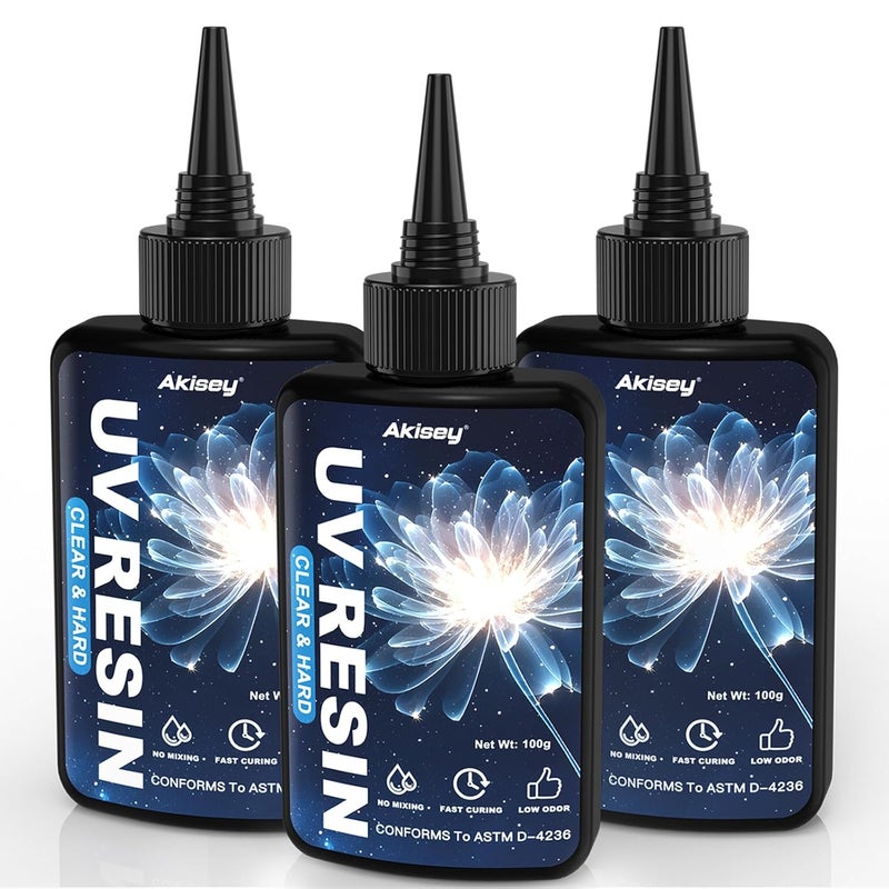 akisey أكيسي راتينج UV 300 جرام، غراء راتينج UV بلوري - غير أصفر، نوع صلب، لزوجة منخفضة وانكماش منخفض، راتينج إيبوكسي UV للتصلب بالأشعة فوق البنفسجية لصناعة المجوهرات، الحرف اليدوية والصب - Image 1