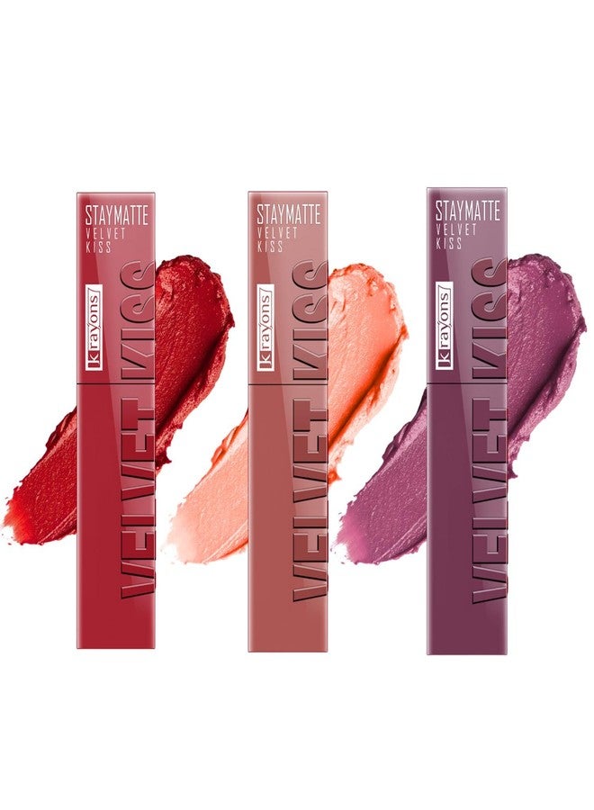 Krayons Velvet Kiss Liquid Matte Lipstick for Women |12hrs stay|Intense Color Payoff | Smudgeproof & Transferproof|Lipstick Combo Pack|Scarlet Red,Sheer Nude,Orchid Love,3.5 ml each-PACK OF 3 - Image 1