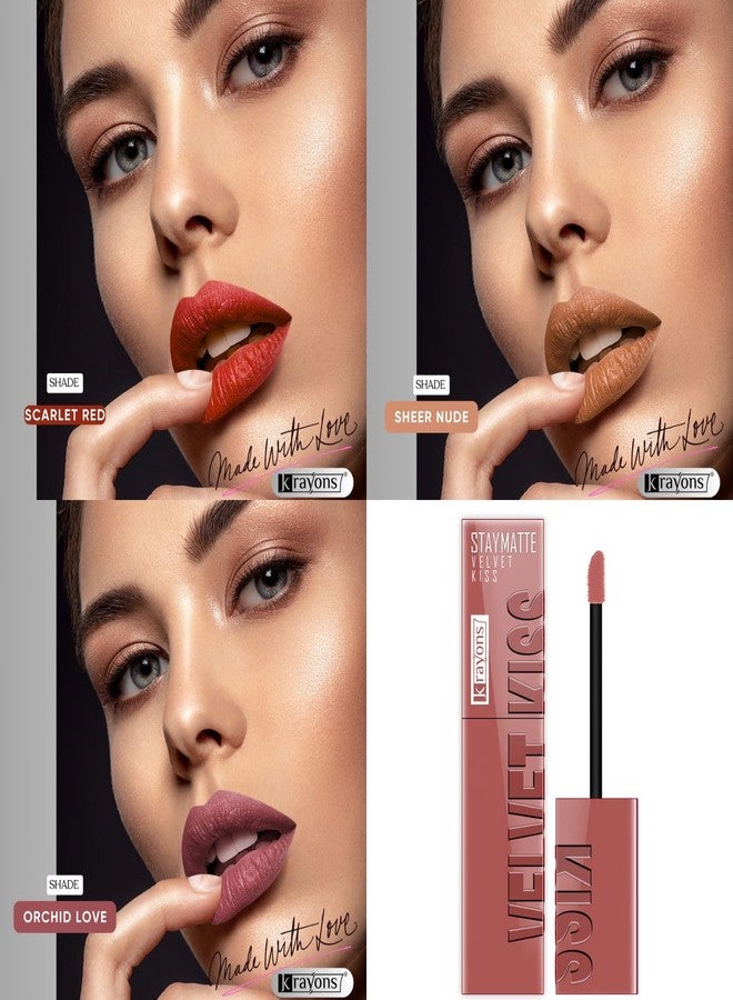 Krayons Velvet Kiss Liquid Matte Lipstick for Women |12hrs stay|Intense Color Payoff | Smudgeproof & Transferproof|Lipstick Combo Pack|Scarlet Red,Sheer Nude,Orchid Love,3.5 ml each-PACK OF 3 - Image 3