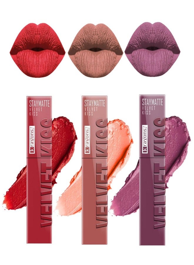 Krayons Velvet Kiss Liquid Matte Lipstick for Women |12hrs stay|Intense Color Payoff | Smudgeproof & Transferproof|Lipstick Combo Pack|Scarlet Red,Sheer Nude,Orchid Love,3.5 ml each-PACK OF 3 - Image 2