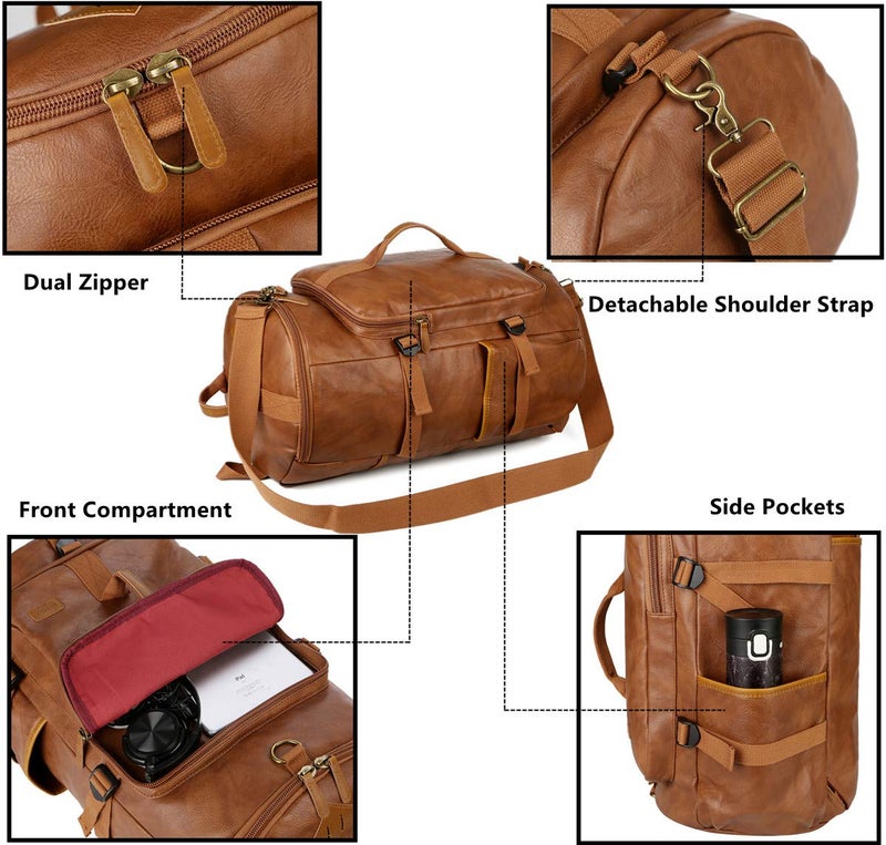 Baosha Stylish Vegan Leather Men Weekender Travel Duffel Tote Bag Backpack Travel Hiking Rucksack Overnight Bag 3-Ways Convertible HB-26 (Brown) - Image 5