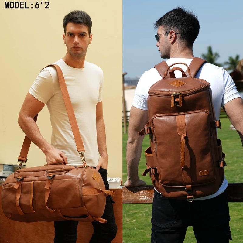 Baosha Stylish Vegan Leather Men Weekender Travel Duffel Tote Bag Backpack Travel Hiking Rucksack Overnight Bag 3-Ways Convertible HB-26 (Brown) - Image 3