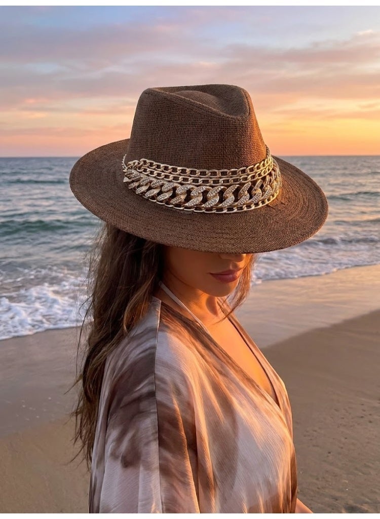 LIFESTYLISH Cowboy hat burlap Decorated with gold chains Q-2 - Brown - Image 1