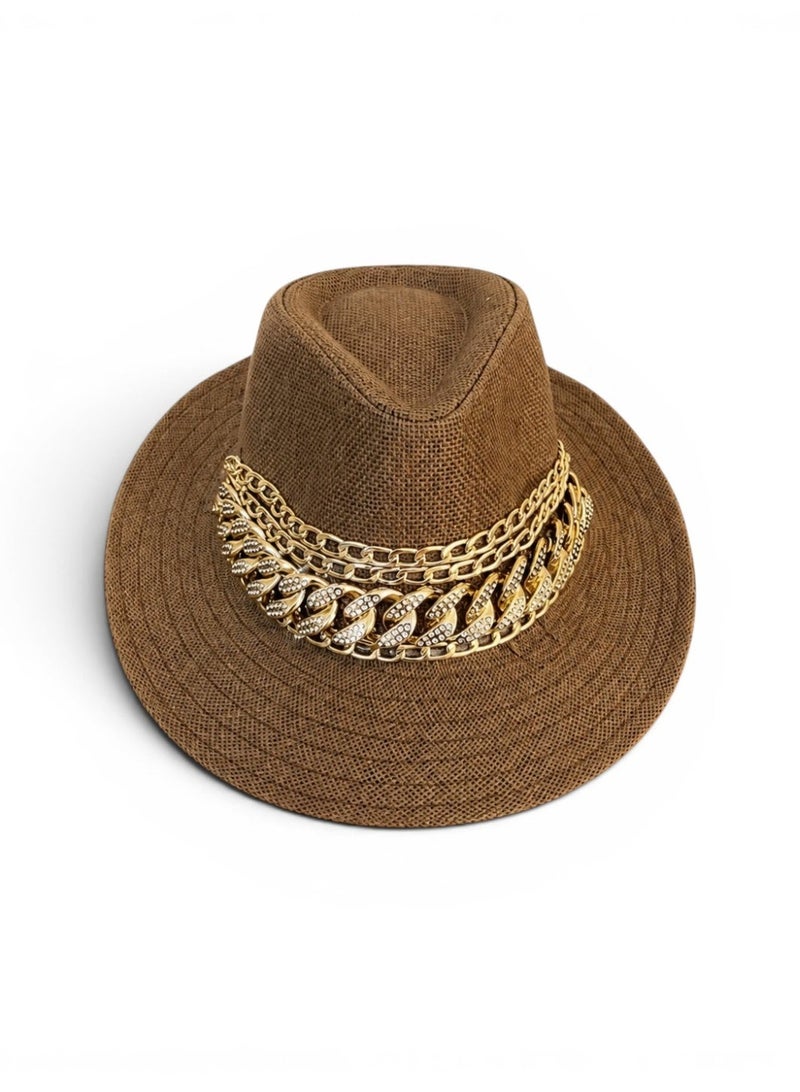 LIFESTYLISH Cowboy hat burlap Decorated with gold chains Q-2 - Brown - Image 2