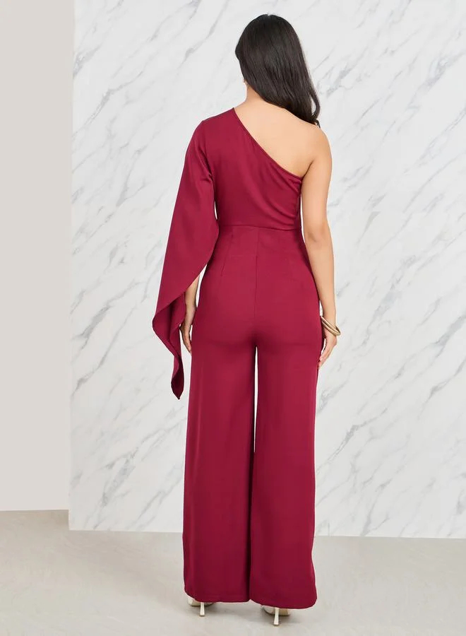 ستايلي One Shoulder Neck Cape Sleeves Wide Leg Tailored Jumpsuit