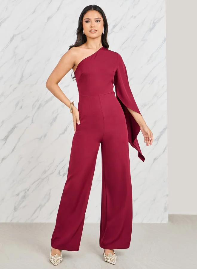 ستايلي One Shoulder Neck Cape Sleeves Wide Leg Tailored Jumpsuit