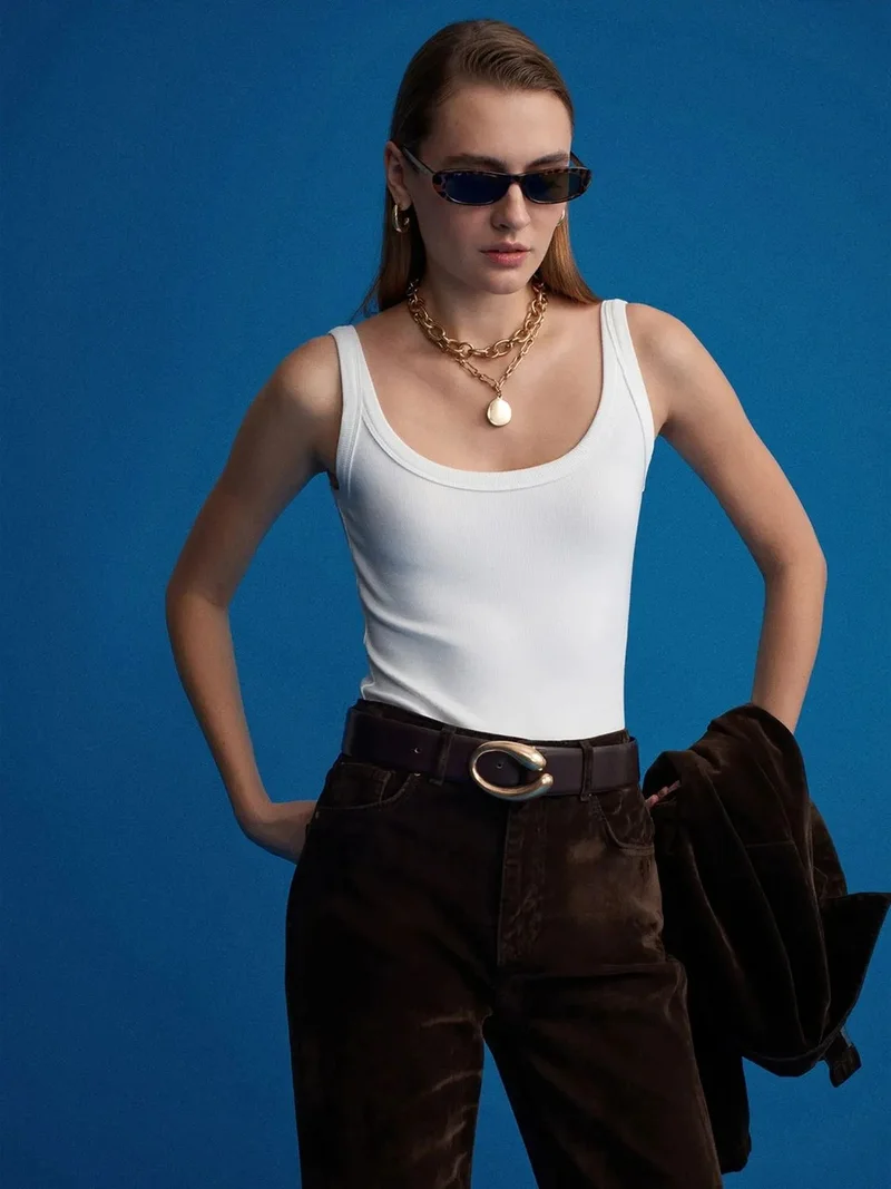 ديلفين Dilvin Sleeveless Ribbed Cotton-blend Bodysuit