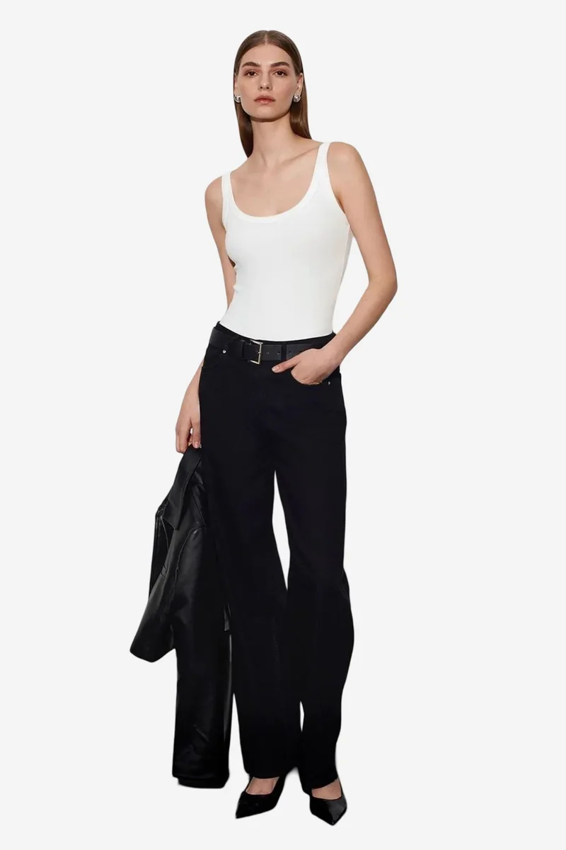 Dilvin White DILVIN Sleeveless Ribbed Cotton-blend Bodysuit for Women | Best Price UAE