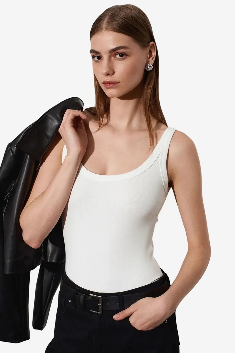 Dilvin White DILVIN Sleeveless Ribbed Cotton-blend Bodysuit for Women | Best Price UAE