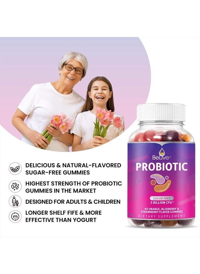 BeLive Probiotic Gummies - Probiotics with 5 Billion CFUs for Digestive Health, Men, Women & Kids - for Immune Support, Sugar Free & Vegan | 60 Ct – Blueberry, Strawberry & Orange  - Image 3