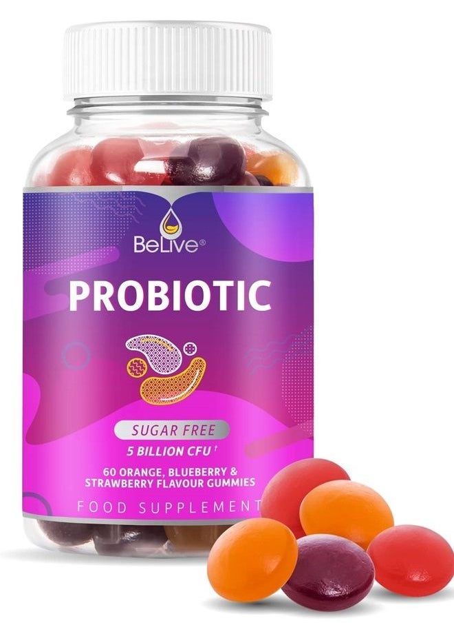 BeLive Probiotic Gummies - Probiotics with 5 Billion CFUs for Digestive Health, Men, Women & Kids - for Immune Support, Sugar Free & Vegan | 60 Ct – Blueberry, Strawberry & Orange  - Image 1