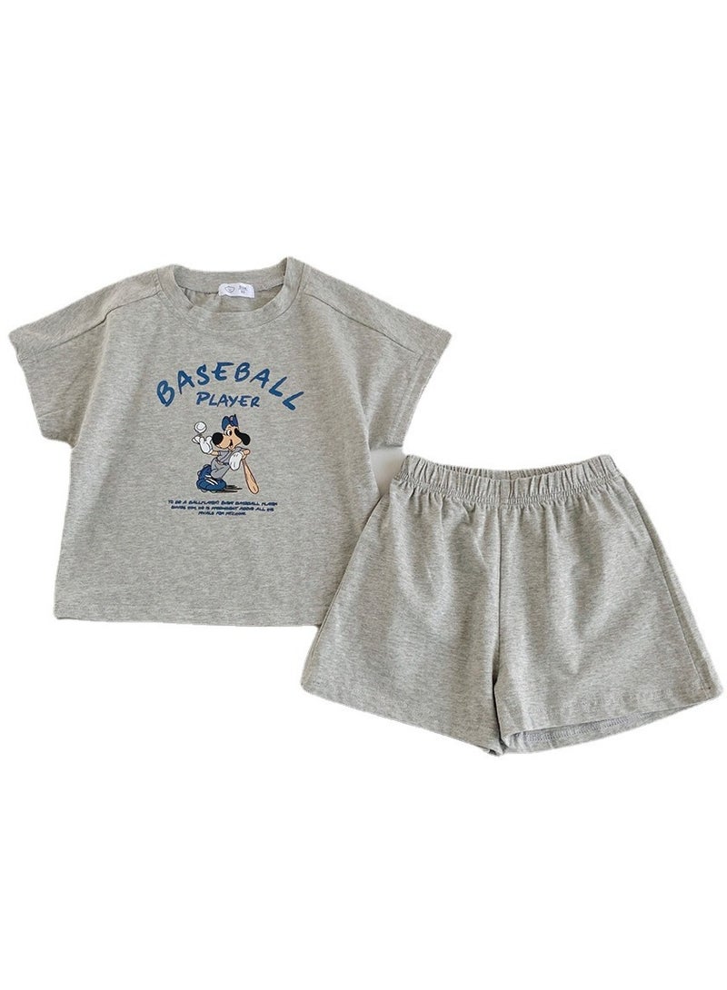 إسكدنيا طفل يطبع فضفاض قصير كم T-shirt والسراويل الصيف عارضة تناسب رمادي - Image 1