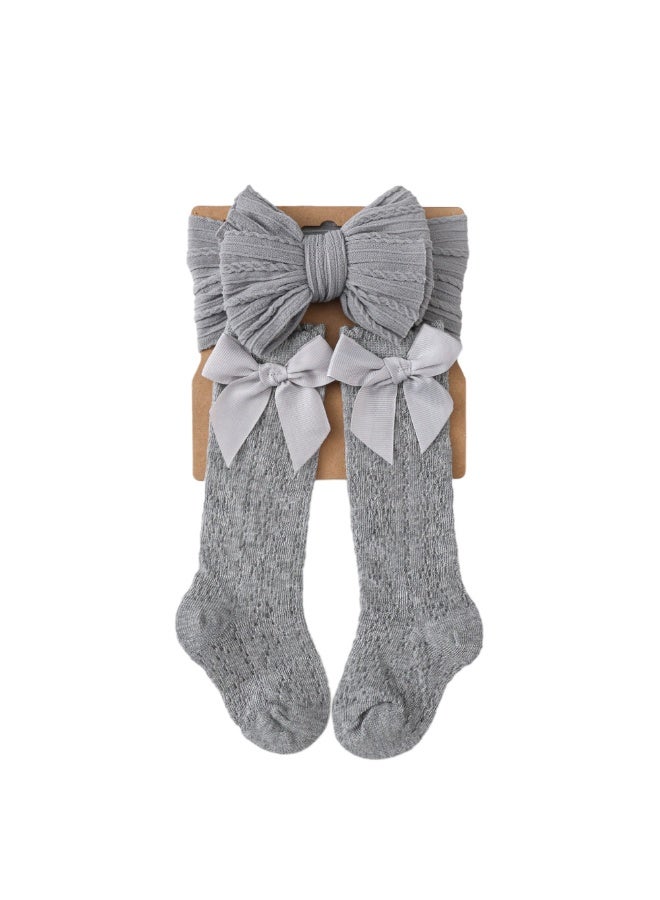 Cozy Cable-Knit Bow Headband & Knee-High Sock Set Grey