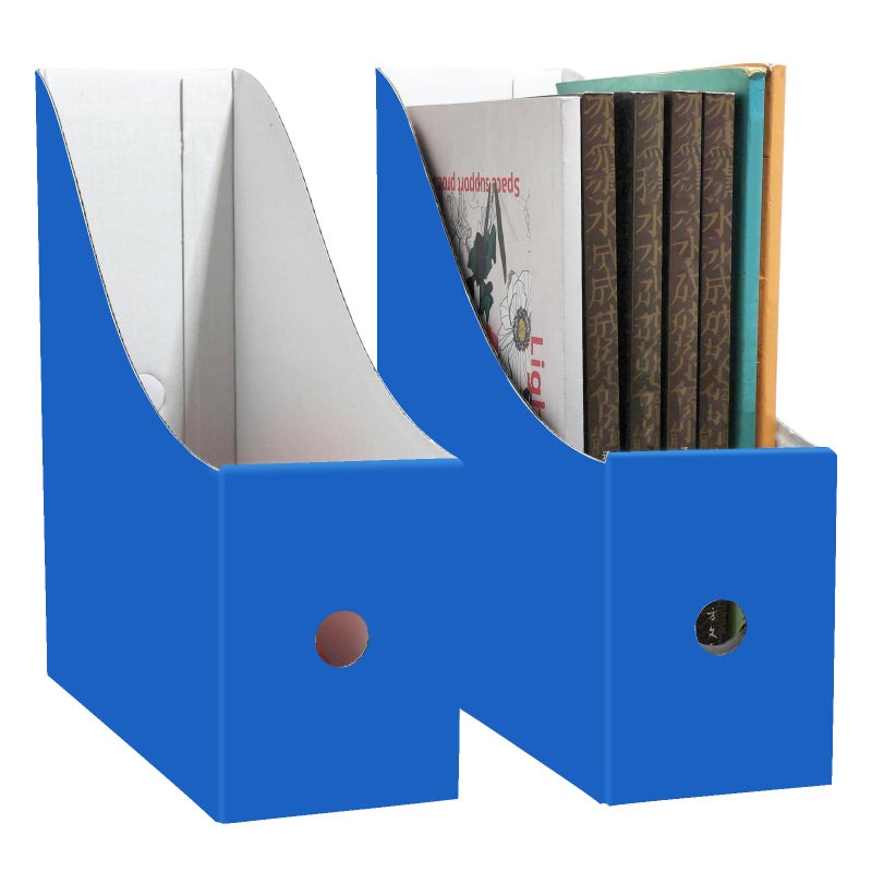 Limitliho 2 Pack Cardboard Magazine File Holder for Desktop ï¼ŒBlue Book Bins for Classroom Library, Office or Home, Vertical Paper Boxes for Storage with Label(10.6" H x 10.2" L x 3.5" W in) - Image 1