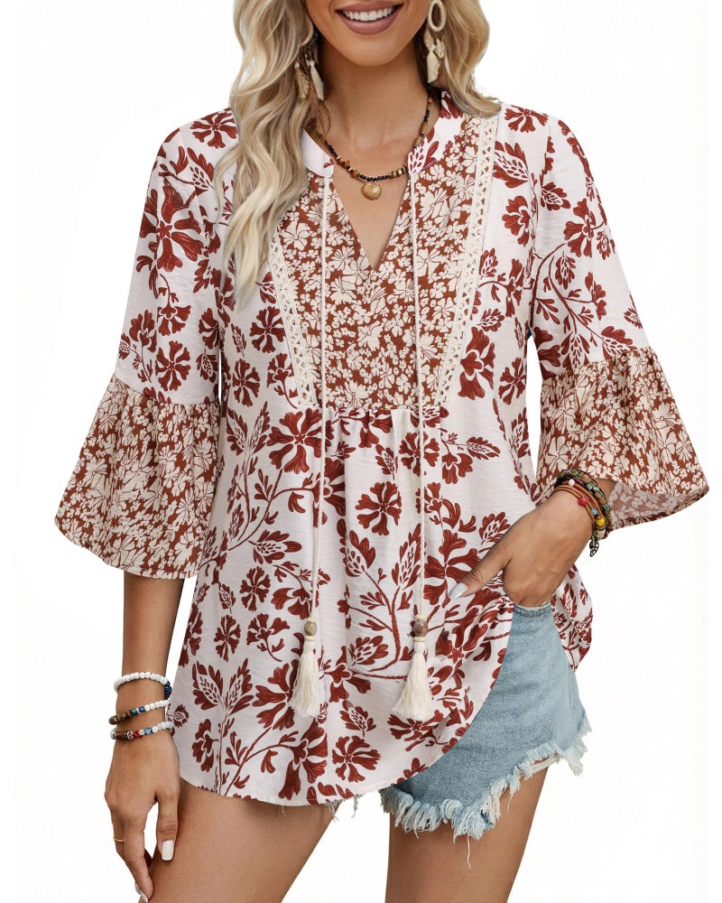 VALOLIA Boho Tops for Women Dressy Casual 3/4 Sleeve - V Neck Lightweight Summer Blouses for Work Office Career Wear Loose Fit Mexican Peasant Tunics for Weekend Brunch Beach Vacation Clothes - Image 1
